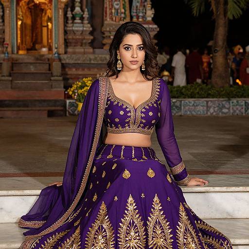 Indian woman with medium skin tone and dark wavy hair, wearing a deep purple and gold embroidered traditional lehenga and choli, seated outdoors in front