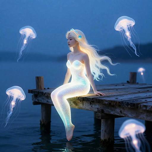 Luminous Sea Nymph on Pier with Jellyfish