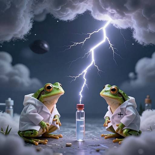 Photograph-like CGI: Two frogs in white lab coats, sitting opposite each other, staring at a lit test tube under a lightning-filled, cloudy night