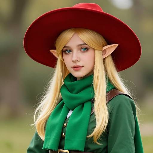 Photograph of a blonde-haired, fair-skinned woman in elf cosplay with pointed ears, red hat, green scarf, and green cloak, standing outdoors