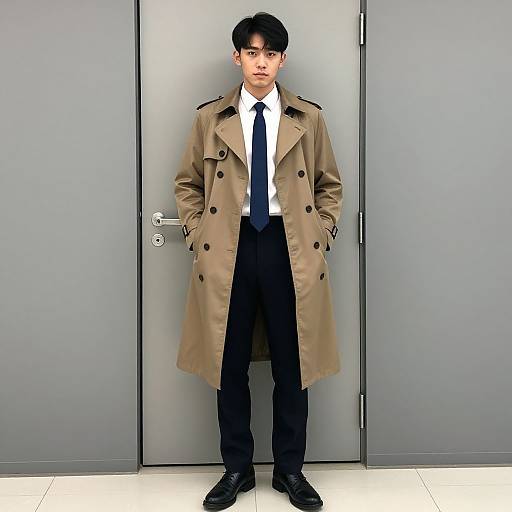 Photograph of an Asian man with short black hair, wearing a beige trench coat, white shirt, black tie, black pants, and black shoes,
