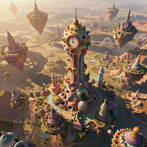 Fantastical CGI cityscape with colorful, whimsical towers and floating structures, featuring a central clock tower under a glowing sunset sky.