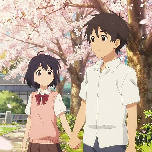 Anime-style drawing of a boy and girl holding hands under cherry blossom trees, wearing school uniforms, with bright sunlight and petals falling.