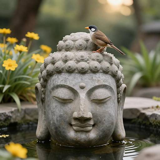 Tranquil Buddha Head in Serene Garden