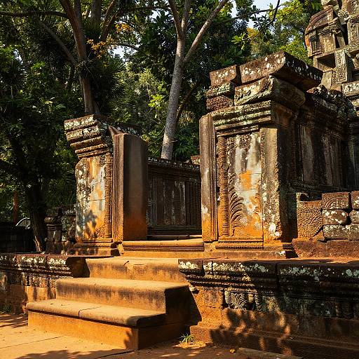 Photograph of ancient, weathered stone temple ruins with intricate carvings, surrounded by dense green trees, bathed in warm, golden sunlight.
