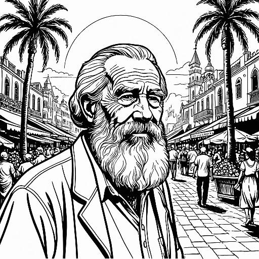 Whimsical Marketplace with Elderly Bearded Man