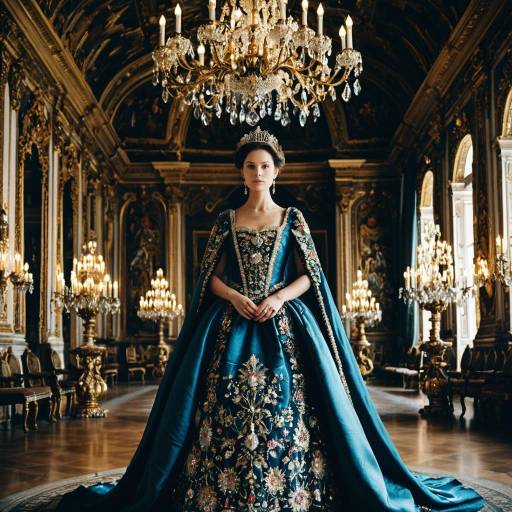 Regal Queen in Embroidered Silk Dress in Baroque Palace