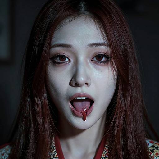 Close-up photograph of a pale-skinned Asian woman with long brown hair, blue-tinted skin, red eyes, tongue out with saliva dripping,