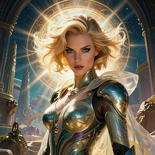 Digital artwork of a blonde, blue-eyed, fair-skinned woman in reflective, gold-accented armor, illuminated by a glowing halo, in a