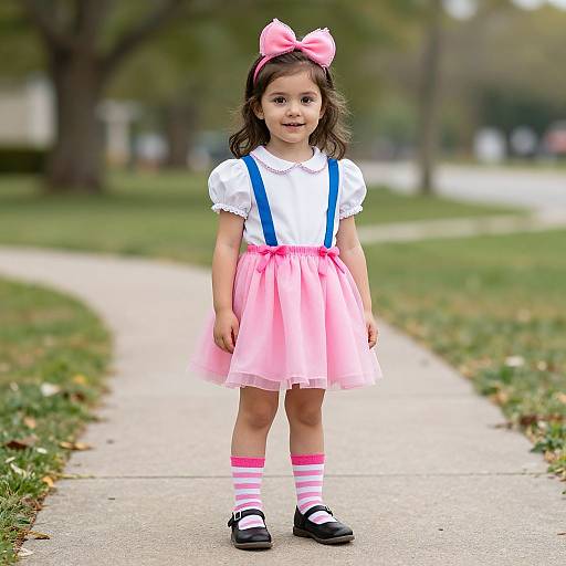 Photograph of a young girl in a white blouse, pink tulle skirt, blue suspenders, pink bow, striped socks, black shoes, standing