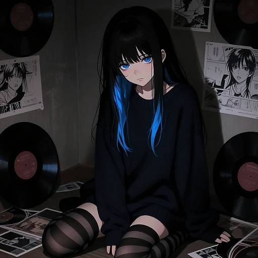 Anime-style digital drawing of a sad girl with black hair and blue highlights, wearing a black sweater and striped thigh-high socks, sitting in a dark room