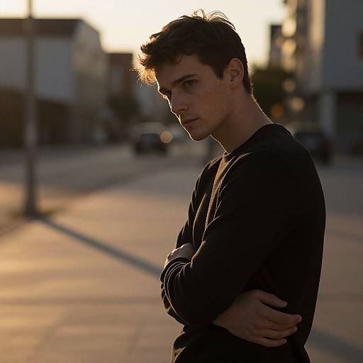 Photograph of a young, handsome man with short brown hair, wearing a black long-sleeve shirt, standing with arms crossed, silhouet