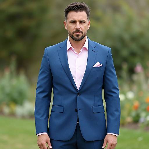 Photograph of a handsome, bearded man with short dark hair, wearing a navy blue suit, white shirt, and pink pocket square, standing in