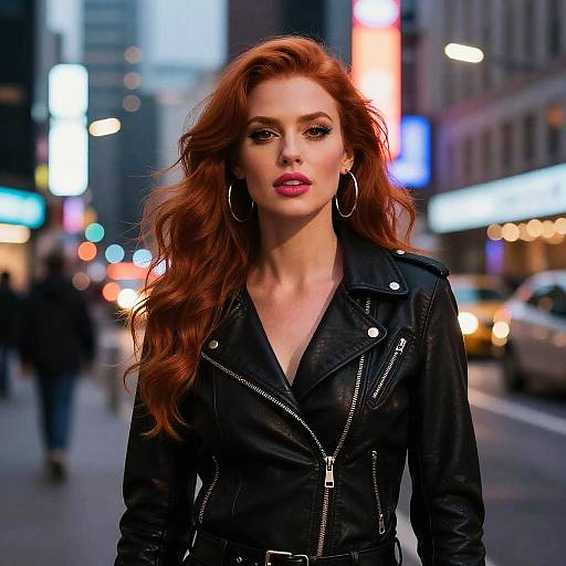 Photograph of a confident red-haired woman with long wavy hair, wearing a black leather jacket and hoop earrings, walking in a brightly lit, bustling
