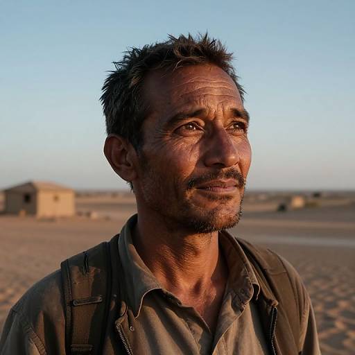 Photograph of a weathered, middle-aged man with short, spiked black hair and beard, wearing a green shirt, standing in a sandy, desert
