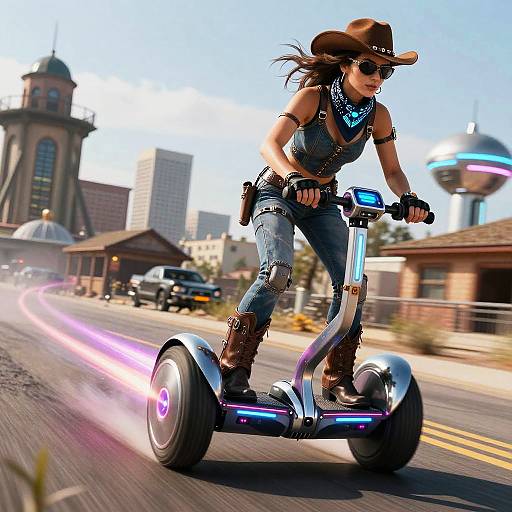 Digital artwork: tough, tan-skinned woman with brown hat, sunglasses, and blue denim outfit riding a futuristic hoverboard through a sunny, urban street