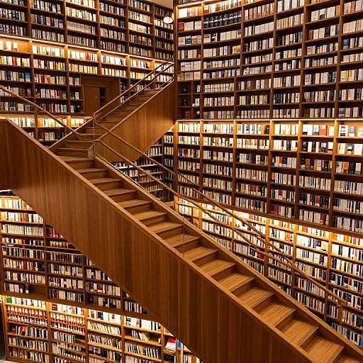 Photograph of a towering, warmly-lit library with numerous shelves of books, featuring a central wooden staircase with metal railings.