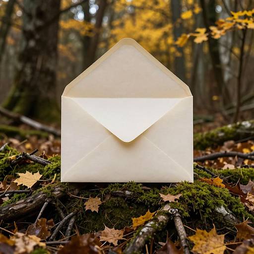 Photograph of a glowing white envelope on mossy forest ground, surrounded by fallen autumn leaves and yellow-orange foliage.
