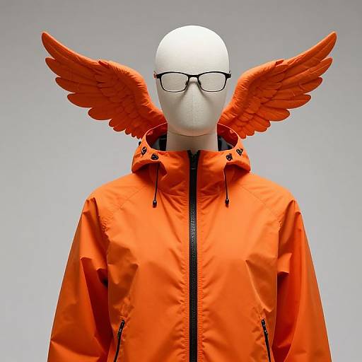 Mannequin with Winged Head and Orange Jacket
