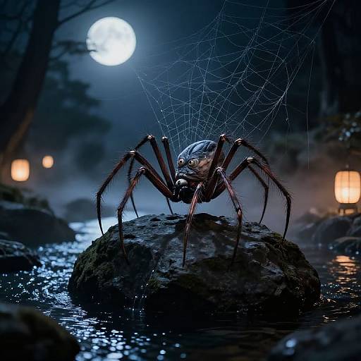 Photorealistic CGI image of a menacing spider with a glowing blue exoskeleton, perched on a rock in a moonlit forest stream, surrounded
