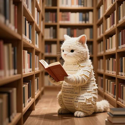 Photograph of a white cat with a book-filled fur pattern, reading a small book in a library aisle.