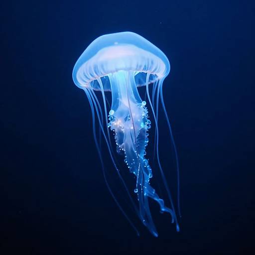Photograph of a glowing blue jellyfish with translucent tentacles and a luminous bell, floating against a dark blue underwater background.