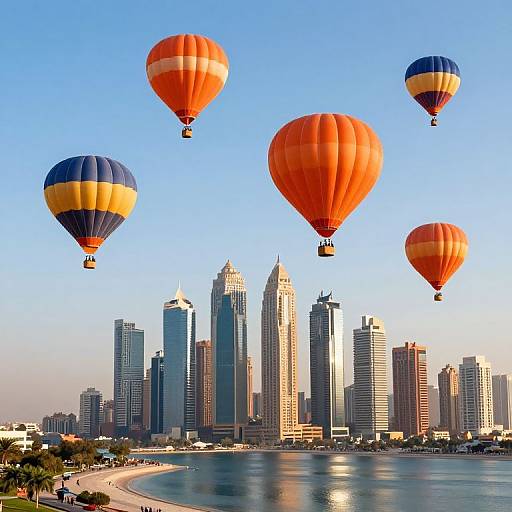 Photograph of five colorful hot air balloons hovering over a modern, sunlit city skyline with tall skyscrapers and a calm waterfront.