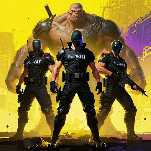 Digital artwork of three muscular, black-clad, helmeted security agents standing in front of a towering, shirtless, tattooed, armored giant with