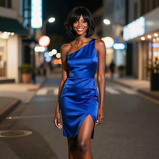 Photograph of a smiling Black woman with short black hair, wearing a one-shoulder, blue satin dress with a thigh-high slit, walking down
