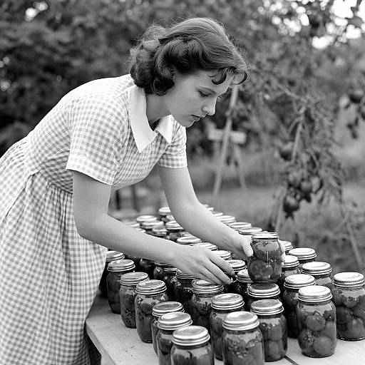 Black-and-white photograph of a woman with short, wavy hair in a checkered dress, carefully selecting jars of preserved food from a row on a