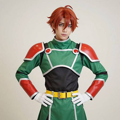 Photograph of a young man with red hair, green and black costume with red shoulder armor, white gloves, yellow belt, standing confidently against a plain