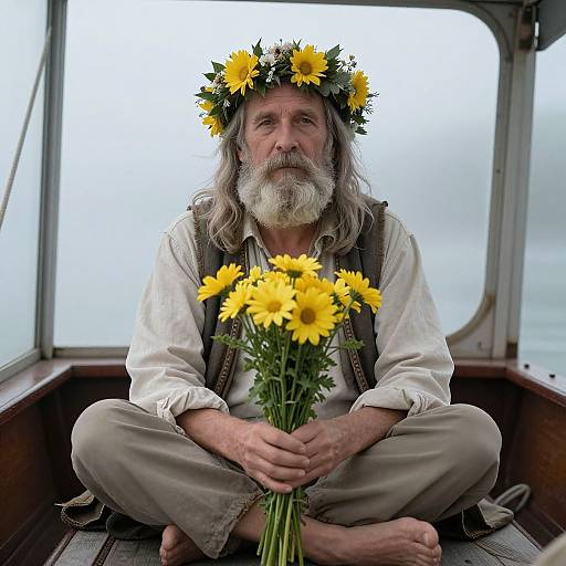 Photograph of an elderly man with gray beard, wearing a sunflower crown and white shirt, sitting cross-legged on a boat, holding a bouquet of