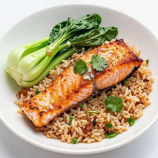 Photograph of grilled salmon fillet with crispy skin, served over brown rice, garnished with fresh parsley and leafy greens, in a white bowl