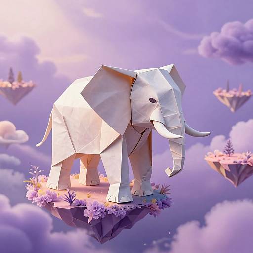 Digital illustration of a white origami elephant floating on a purple island with flowers, surrounded by glowing, floating islands in a dreamy, purple-hued