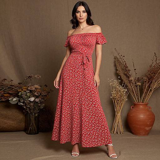 Romantic Bohemian Woman in Red Maxi Dress
