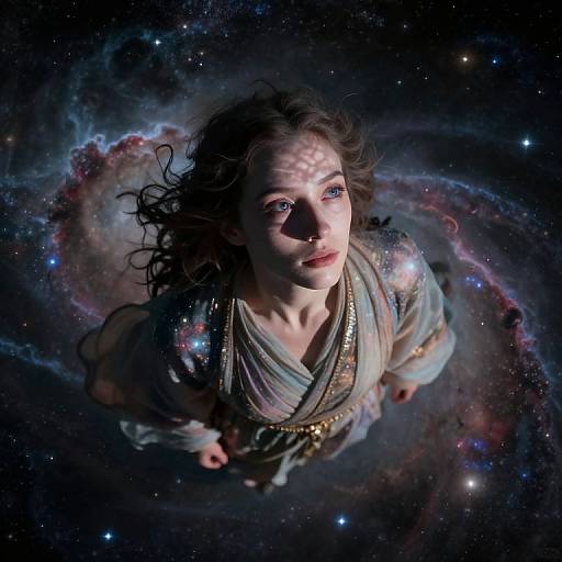 Digital art: Curly-haired woman with blue eyes floating in space, wearing a draped white and gold garment, surrounded by swirling cosmic clouds and stars.