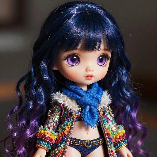Photograph of a doll with long, wavy dark purple hair, large purple eyes, wearing a colorful, beaded jacket, blue scarf, and