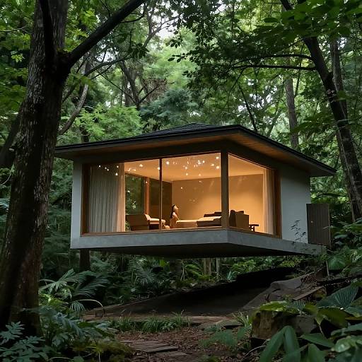 Photograph of a modern, glass-walled treehouse with warm interior lights, elevated among dense, green forest foliage, showcasing a silhouette of a person