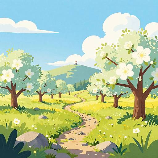 Pastel Spring Orchard Vector Landscape
