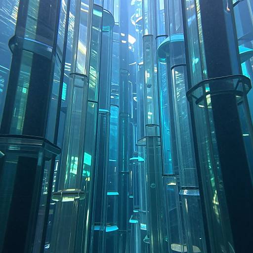 Photograph of futuristic, translucent blue glass cylinders illuminated from within, creating a sleek, modern, and ethereal urban landscape.