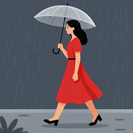 Woman in Red Dress on Rainy Day