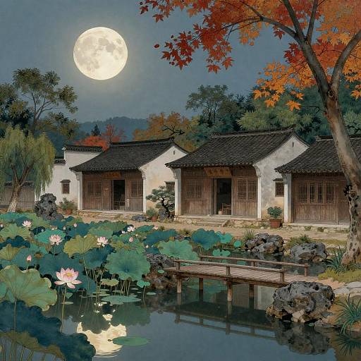 Moonlit Lotus Village in Autumn Evening