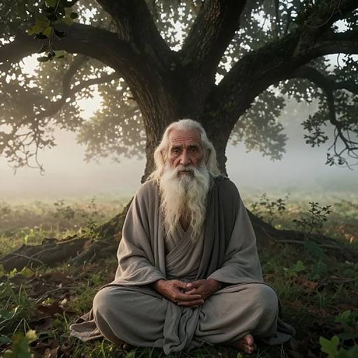 Photograph of an elderly white man with a long white beard, wearing a gray robe, sitting cross-legged under a large tree in a misty,