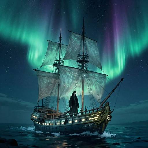 Digital artwork of a glowing, antique sailing ship with illuminated sails under vivid blue and green auroras, with a lone figure standing on the deck.