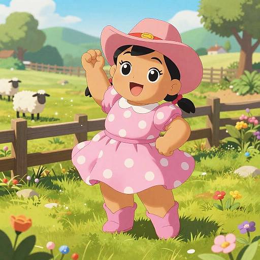 Digital anime-style drawing of a cheerful young girl in a pink polka-dot dress, hat, and boots, standing in a sunny, colorful farmyard
