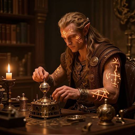 Photograph of a long-haired, elf-like man with glowing runes on his face and arms, studying a brass incense burner in a dimly lit