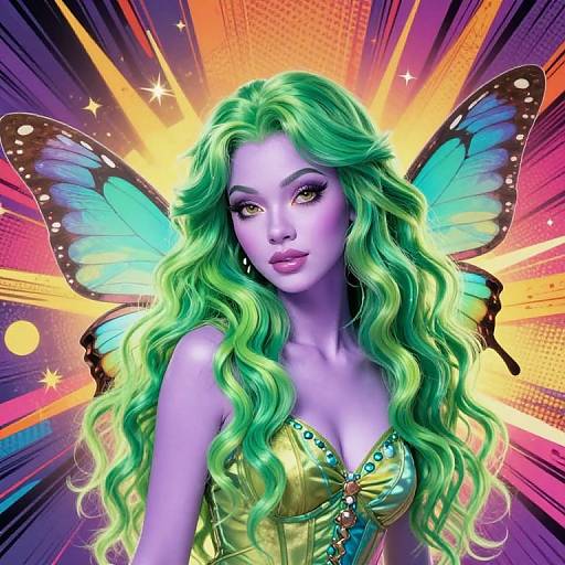 Digital illustration of a purple-skinned, green-haired fairy with vibrant blue wings, wearing a yellow, beaded top, set against a colorful, radiant