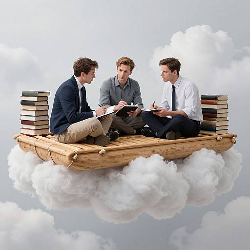 Photograph of three men in business attire, sitting on a wooden raft with stacks of books, floating in fluffy clouds.