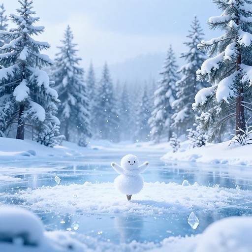 Photograph of a snow-covered forest with a small, white, penguin-like snow sculpture standing in the center of a frozen, snow-blanketed
