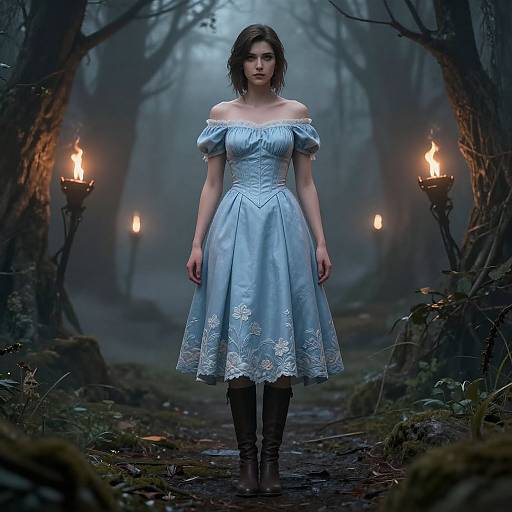 Photorealistic CGI of a young woman with pale skin, short dark hair, wearing an off-shoulder, light blue, lace-trimmed